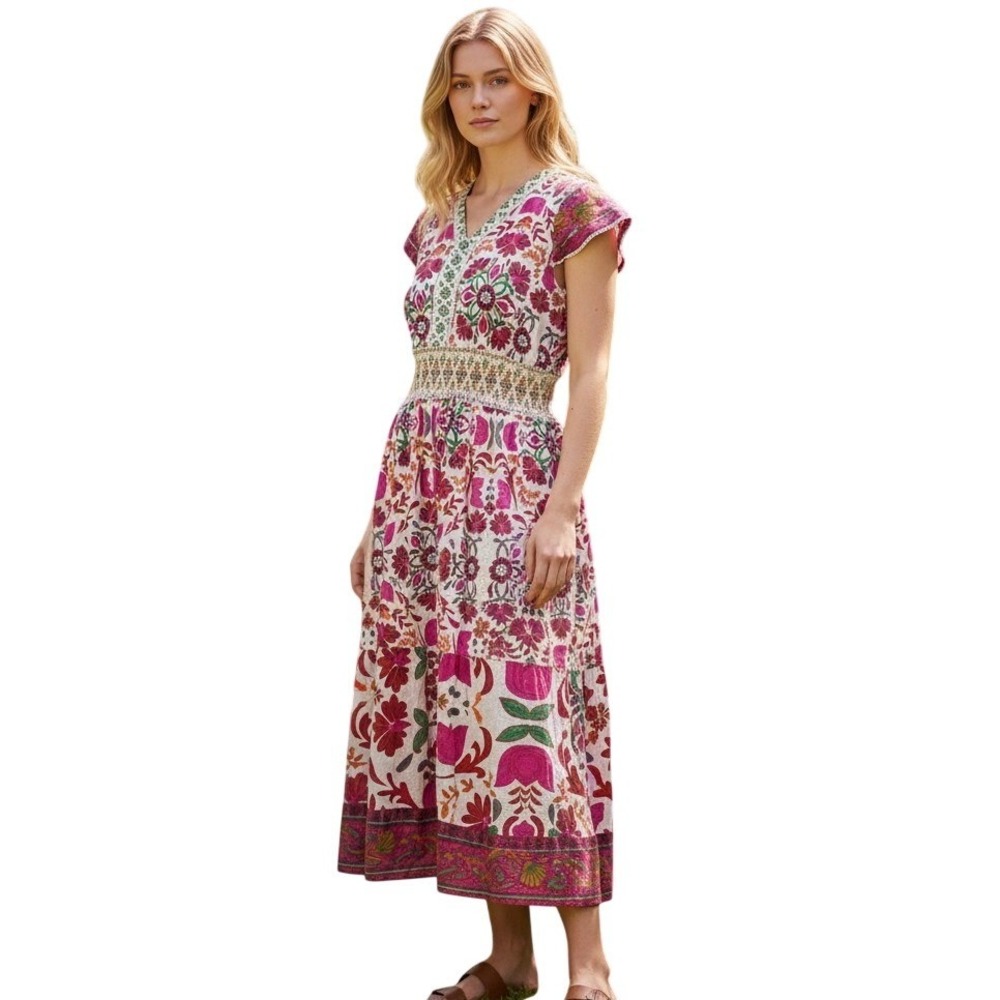 Kaktus Red Floral Boho Hacienda Cottagecore Cotton Flutter Sleeve Maxi Dress XL